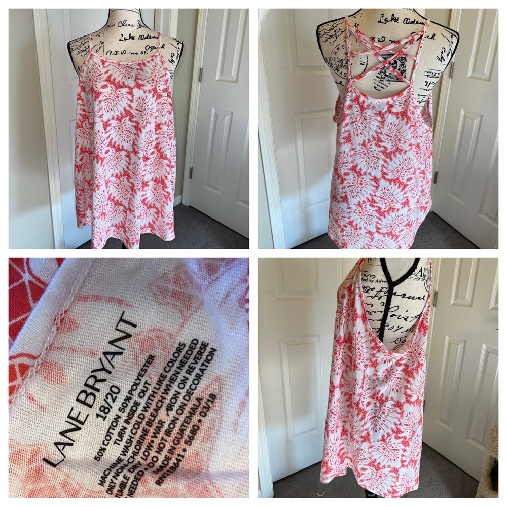 Lane Bryant 18/20 Coral and White Flowy Tank Top with detailed back NWOT